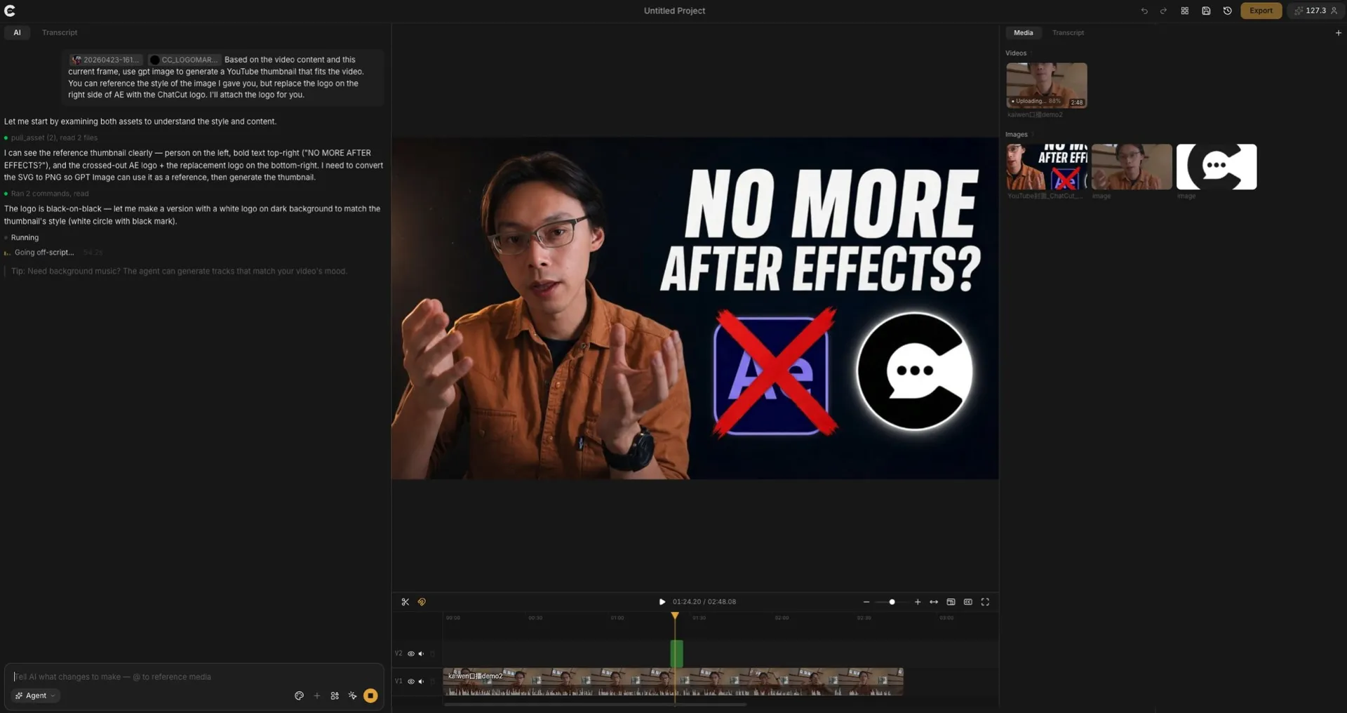 ChatCut agent generating a platform-native thumbnail from a selected frame using GPT Image 2