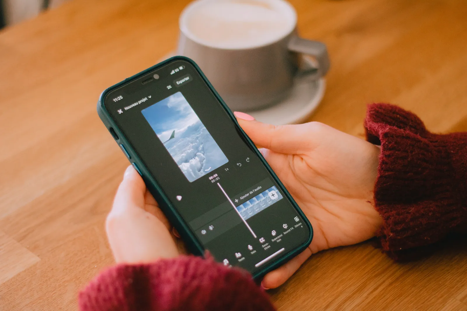 Smartphone screen displaying multiple video clips being combined in a mobile video editing timeline for TikTok