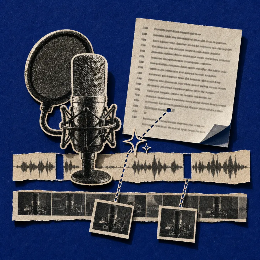 A podcast microphone beside a transcript and audio waveform